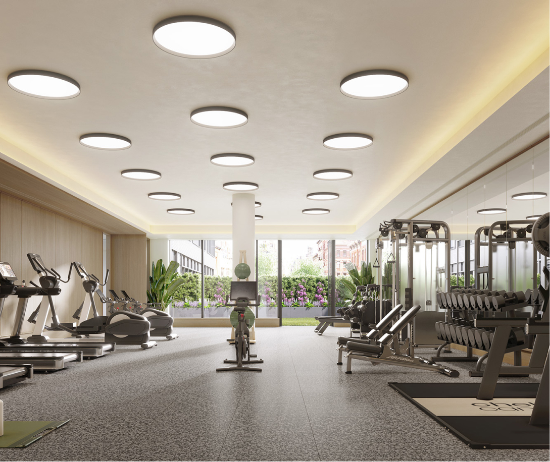 The onsite gym at Chelsea Canvas with weights, treadmills, and more.